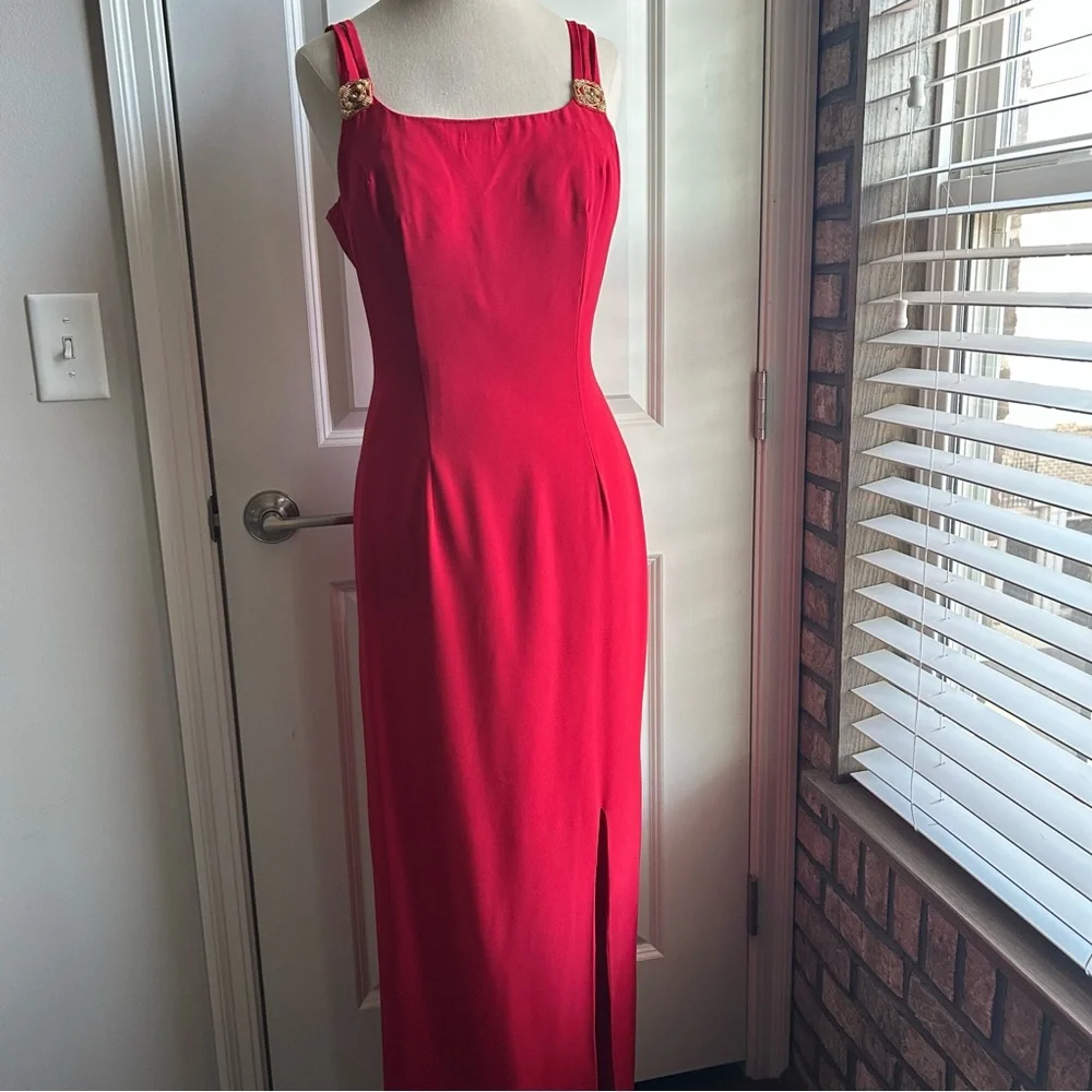Vintage Red Floor Length Gown Spaghetti Straps 80s 90s - Picture 3 of 12